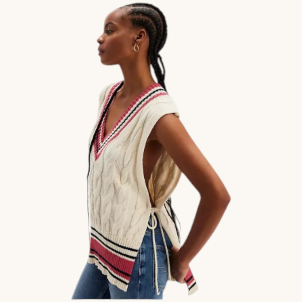 Free People Sweater Vest One Size Ivory V Neck Tie Sides Tassel Coastal Prep New